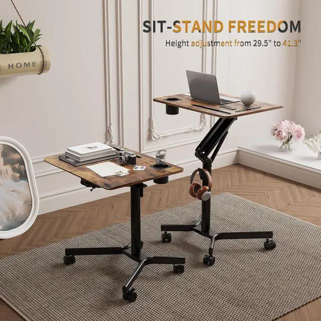 Alt view image 3 of 7 - JOY worker Mobile Standing Desk, 28 inch Small Height Adjustable Rolling Laptop Desk, Portable Sit Stand Desk with Lockable Wheels, Ergonomic Desktop Table for Home Office, Rustic Brown
