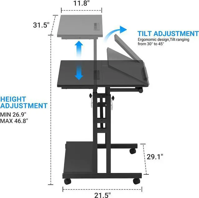 Alt view image 3 of 7 - Panta Mobile Standing Desk, Adjustable Rolling Computer Desk with 3 Desktops, Portable Laptop Table with Desk Cup Holder, Home Office Laptop Workstation on Lockable Wheels, Black