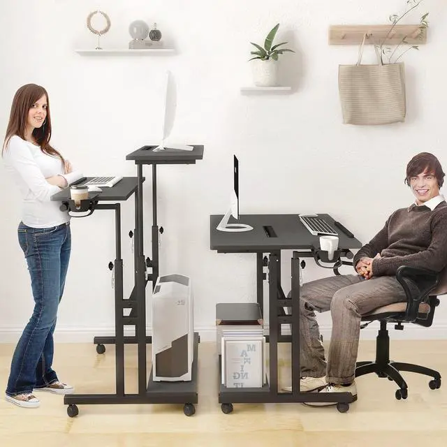 Alt view image 4 of 7 - Panta Mobile Standing Desk, Adjustable Rolling Computer Desk with 3 Desktops, Portable Laptop Table with Desk Cup Holder, Home Office Laptop Workstation on Lockable Wheels, Black