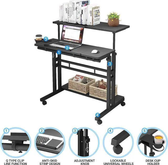 Alt view image 6 of 7 - Panta Mobile Standing Desk, Adjustable Rolling Computer Desk with 3 Desktops, Portable Laptop Table with Desk Cup Holder, Home Office Laptop Workstation on Lockable Wheels, Black
