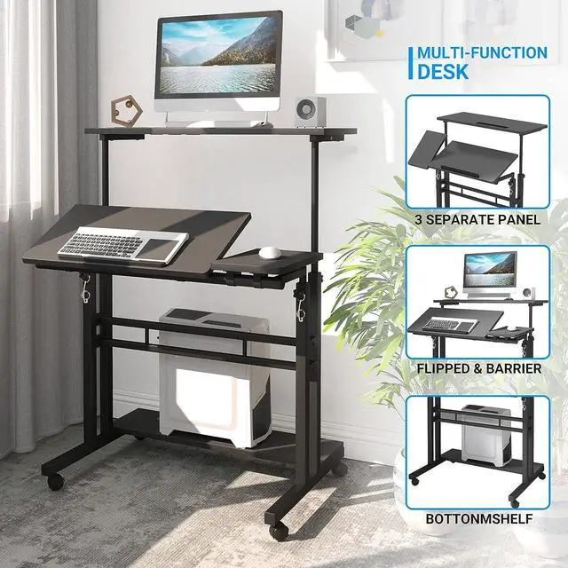 Alt view image 7 of 7 - Panta Mobile Standing Desk, Adjustable Rolling Computer Desk with 3 Desktops, Portable Laptop Table with Desk Cup Holder, Home Office Laptop Workstation on Lockable Wheels, Black