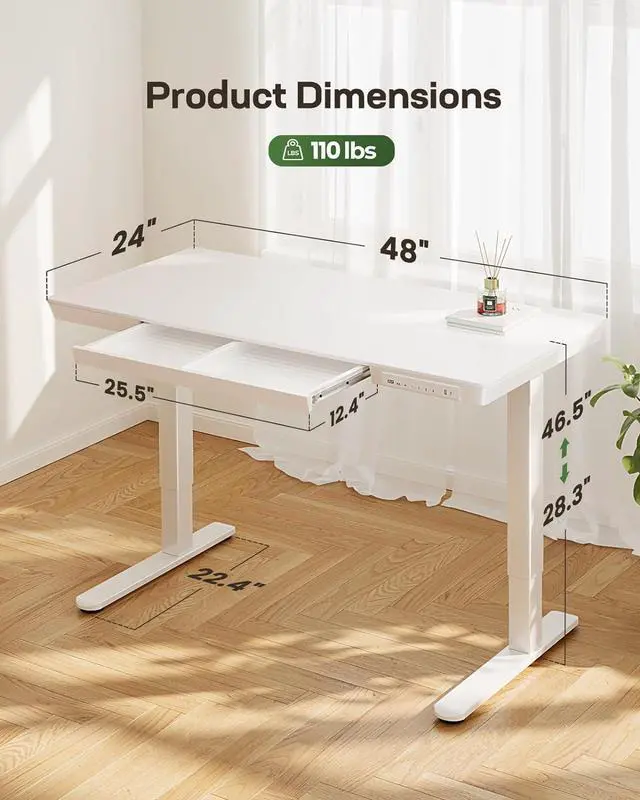 Alt view image 3 of 7 - Marsail Standing Desk with Drawer, 48 x 24 inch Whole Piece Tabletop Electric Standing Desk, Height Adjustable Desk with USB Charging Ports, Sit Stand Desk with Storage for Home & Office White