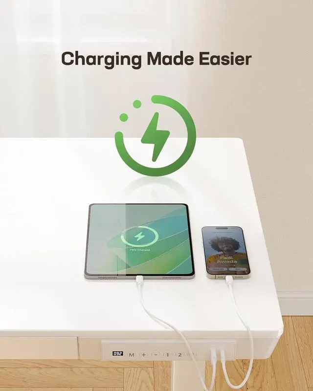 Alt view image 4 of 7 - Marsail Standing Desk with Drawer, 48 x 24 inch Whole Piece Tabletop Electric Standing Desk, Height Adjustable Desk with USB Charging Ports, Sit Stand Desk with Storage for Home & Office White