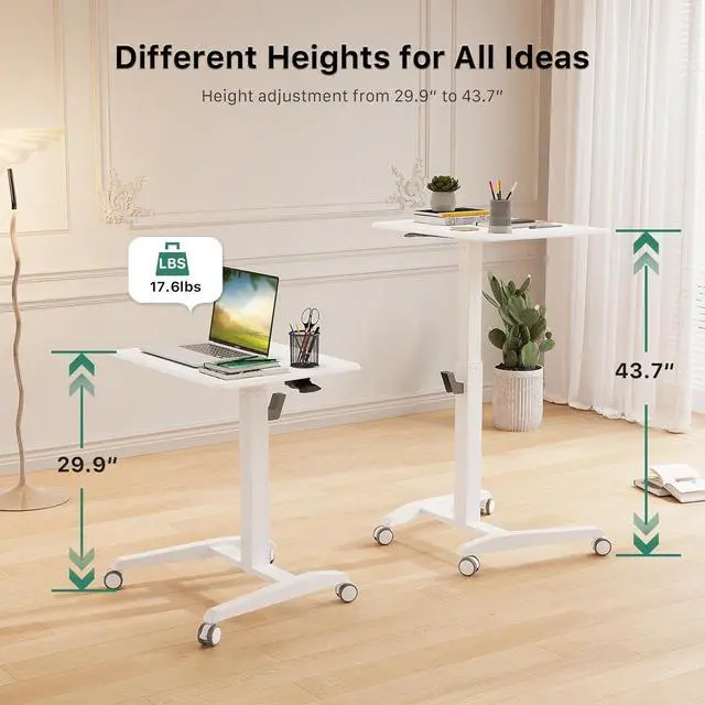 Alt view image 3 of 7 - Gibbon Mounts Mobile Standing Desk, Height Adjustable Rolling Laptop Desk, 27 inches Portable Sit Stand Desk with Wheels and Hook, Pneumatic Computer Table, White