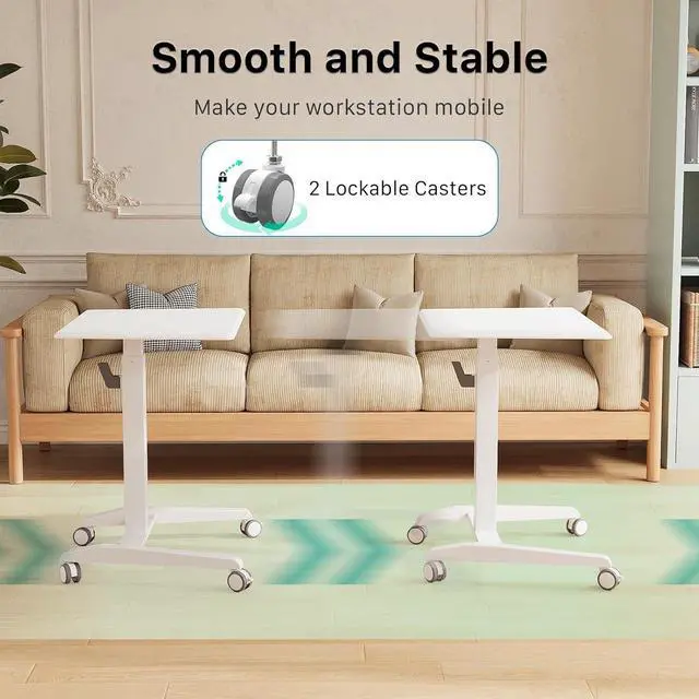Alt view image 4 of 7 - Gibbon Mounts Mobile Standing Desk, Height Adjustable Rolling Laptop Desk, 27 inches Portable Sit Stand Desk with Wheels and Hook, Pneumatic Computer Table, White