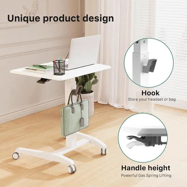 Alt view image 5 of 7 - Gibbon Mounts Mobile Standing Desk, Height Adjustable Rolling Laptop Desk, 27 inches Portable Sit Stand Desk with Wheels and Hook, Pneumatic Computer Table, White