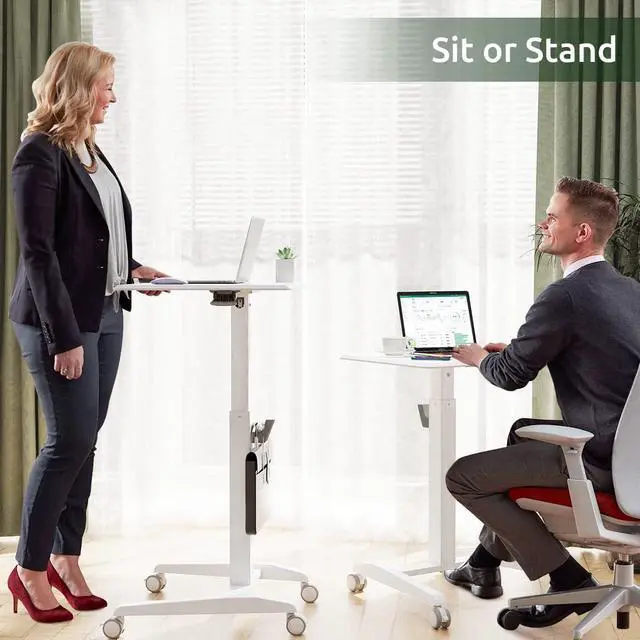 Alt view image 7 of 7 - Gibbon Mounts Mobile Standing Desk, Height Adjustable Rolling Laptop Desk, 27 inches Portable Sit Stand Desk with Wheels and Hook, Pneumatic Computer Table, White