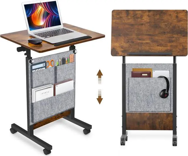 Main image of KOUPA Height Adjustable Standing Desk with Storage Bag 16 x 24 in, Portable Rolling Mobile Stand Up Table with Wheels, 360° Flip Laptop Computer Desk for Home Office, Rustic Brown
