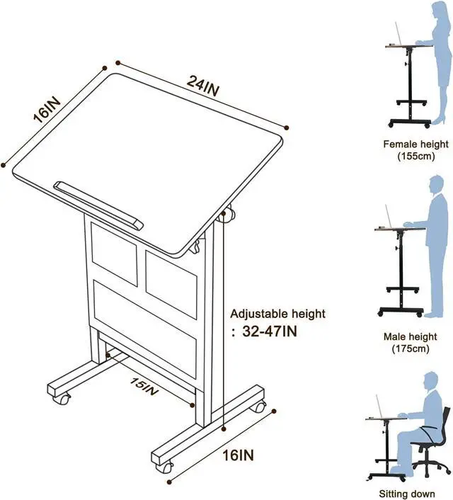 Alt view image 3 of 7 - KOUPA Height Adjustable Standing Desk with Storage Bag 16 x 24 in, Portable Rolling Mobile Stand Up Table with Wheels, 360° Flip Laptop Computer Desk for Home Office, Rustic Brown