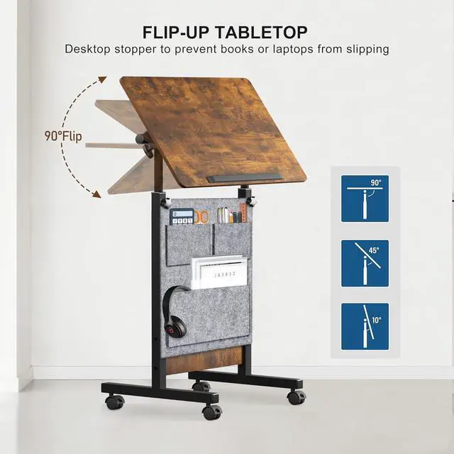 Alt view image 4 of 7 - KOUPA Height Adjustable Standing Desk with Storage Bag 16 x 24 in, Portable Rolling Mobile Stand Up Table with Wheels, 360° Flip Laptop Computer Desk for Home Office, Rustic Brown