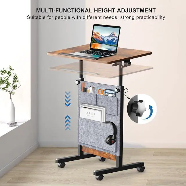 Alt view image 5 of 7 - KOUPA Height Adjustable Standing Desk with Storage Bag 16 x 24 in, Portable Rolling Mobile Stand Up Table with Wheels, 360° Flip Laptop Computer Desk for Home Office, Rustic Brown