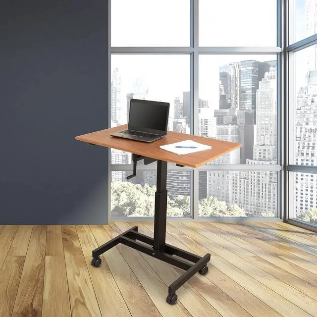 Alt view image 2 of 7 - S STAND UP DESK STORE Crank Adjustable Height Single Column Rolling Mobile Standing Desk (Black Frame/Teak Top, 40 inch Wide)
