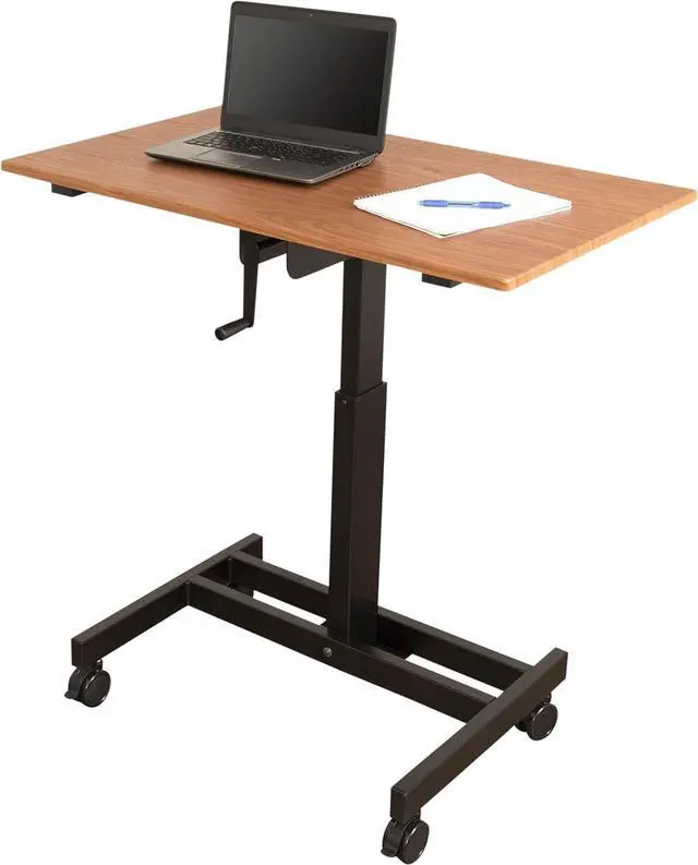 Alt view image 3 of 7 - S STAND UP DESK STORE Crank Adjustable Height Single Column Rolling Mobile Standing Desk (Black Frame/Teak Top, 40 inch Wide)