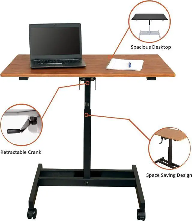 Alt view image 7 of 7 - S STAND UP DESK STORE Crank Adjustable Height Single Column Rolling Mobile Standing Desk (Black Frame/Teak Top, 40 inch Wide)