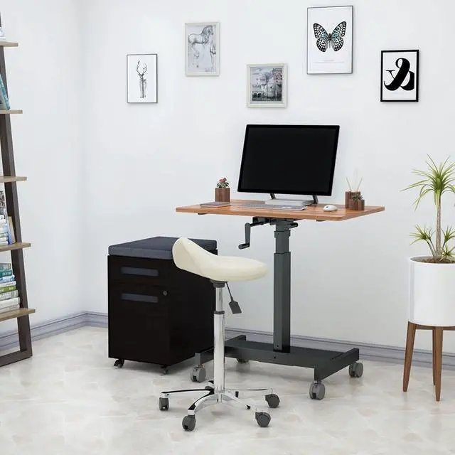 Alt view image 5 of 7 - S STAND UP DESK STORE Crank Adjustable Height Single Column Rolling Mobile Standing Desk (Black Frame/Teak Top, 40 inch Wide)