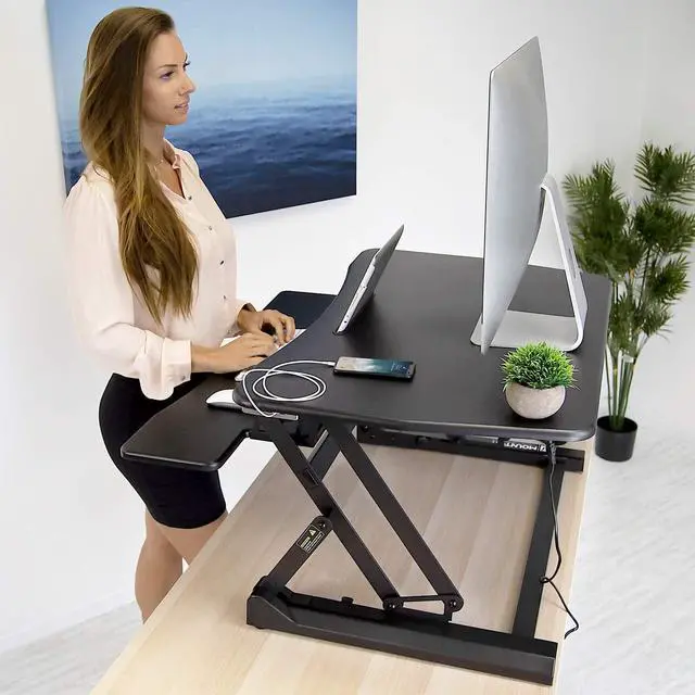 Alt view image 5 of 7 - Mount-It! Electric Standing Desk Converter 35.4" Quick Sit Stand Desk Riser, Computer Workstation Motorized Easy Convertor with Built-in USB Charging Port, Ergonomic Height Adjustable in Black