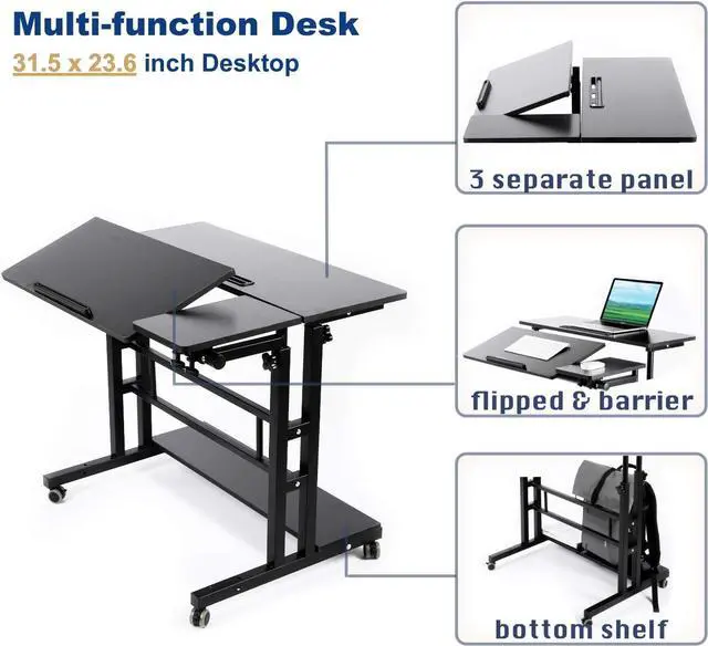 Alt view image 5 of 7 - Zytty Portable Standing Desk, Small Standing Desk with Wheels Standing Laptop Desk Mobile Standing Desk for Home Office Adjustable Standing Desk, Stand Up Computer Desk Rolling Laptop Cart, Black