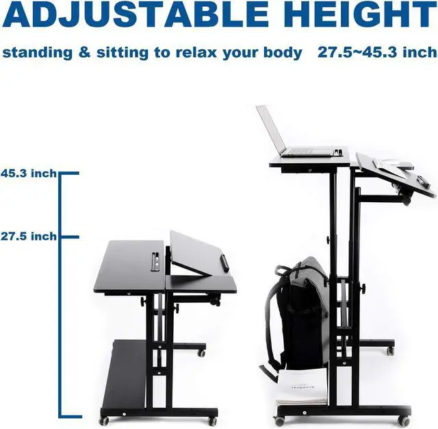 Alt view image 3 of 7 - Zytty Portable Standing Desk, Small Standing Desk with Wheels Standing Laptop Desk Mobile Standing Desk for Home Office Adjustable Standing Desk, Stand Up Computer Desk Rolling Laptop Cart, Black