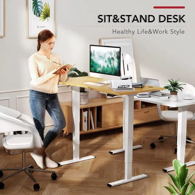 Alt view image 3 of 7 - 48 Inch Bamboo Electric Standing Desk, 3 Stage Dual Motor Height Adjustable Desk, Stable and Durable Sit to Stand Home Office Desk (White Frame/ 48 x 24 Natural Bamboo Top)