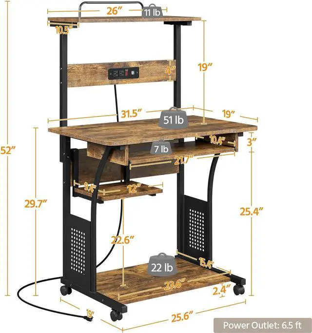 Alt view image 3 of 7 - Topeakmart 3 Tiers Rolling Computer Desk with Power Outlet and USB Ports for Space Saving, Home Office Desk with Keyboard Tray and Printer Shelf on Wheels, Laptop PC Workstation Table, Rustic Brown