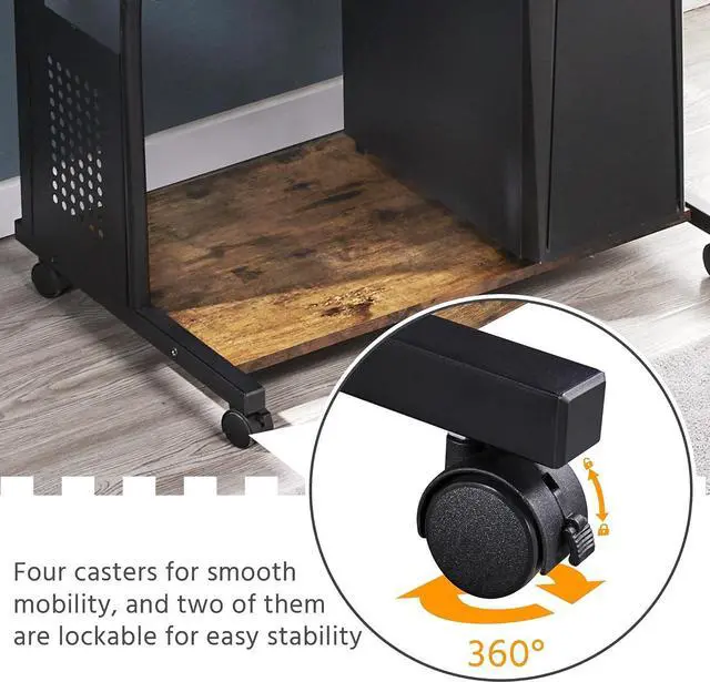 Alt view image 7 of 7 - Topeakmart 3 Tiers Rolling Computer Desk with Power Outlet and USB Ports for Space Saving, Home Office Desk with Keyboard Tray and Printer Shelf on Wheels, Laptop PC Workstation Table, Rustic Brown