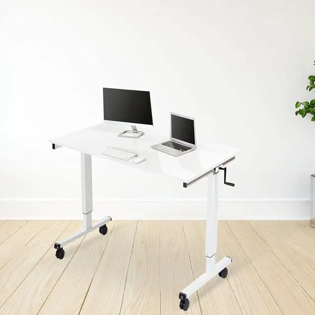 Alt view image 4 of 7 - Stand Up Desk Store Crank Adjustable Height Rolling Standing Desk (White Frame/Gloss White Top, 48" Wide)