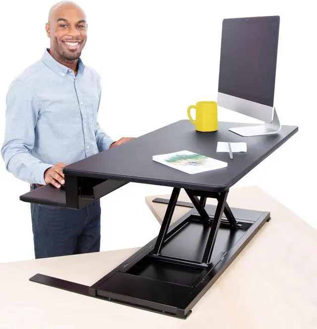 Alt view image 5 of 7 - Flexpro Power, 36" Ergonomic Adjustable Height Electric Standing Desk Converter, EZ Lift Sit to Stand Laptop Desk Riser for Laptop & Computer Monitors (Black, 36in x 23.5in x 5.5-19.5in)