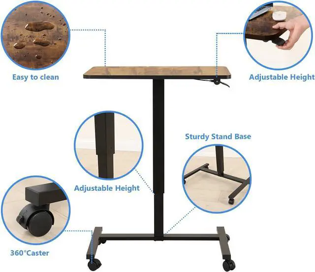 Alt view image 4 of 7 - Mobile Standing Desk, 28x20 Pneumatic Laptop Height Adjustable Sit to Stand Table with Lockable Wheels and Gas Spring Riser (Rustic Brown)