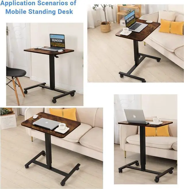 Alt view image 5 of 7 - Mobile Standing Desk, 28x20 Pneumatic Laptop Height Adjustable Sit to Stand Table with Lockable Wheels and Gas Spring Riser (Rustic Brown)