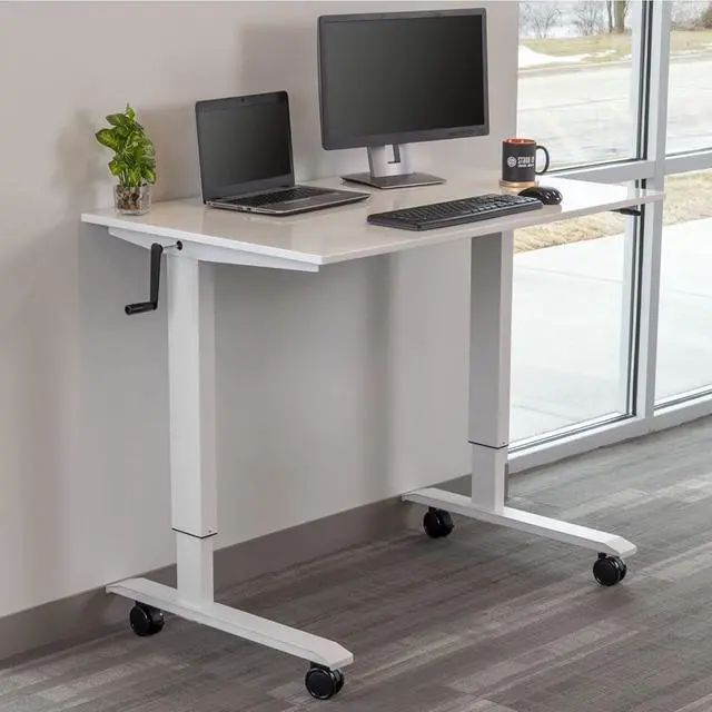 Alt view image 2 of 7 - Stand Up Desk Store Crank Adjustable Height Rolling Standing Desk (White Frame/Gloss White Top, 48" Wide)