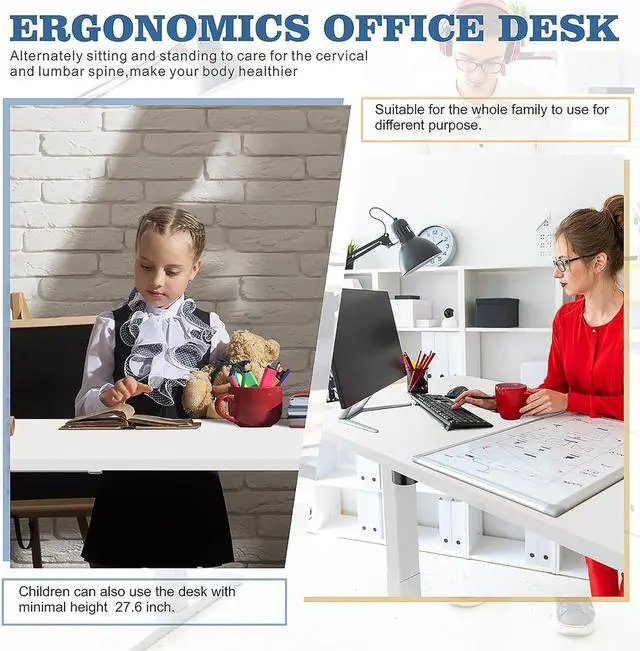 Alt view image 5 of 7 - Vongrasig Height Adjustable Electric Standing Desk, 55 x 24 Inches Home Office Stand Up Table Computer Workstation with Splice Table Board & Memory Controller (White Frame + White Desktop)