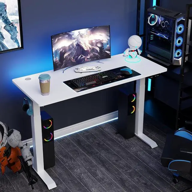 Alt view image 2 of 7 - Vongrasig Height Adjustable Electric Standing Desk, 55 x 24 Inches Home Office Stand Up Table Computer Workstation with Splice Table Board & Memory Controller (White Frame + White Desktop)