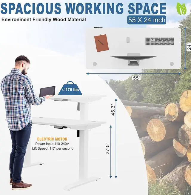 Alt view image 6 of 7 - Vongrasig Height Adjustable Electric Standing Desk, 55 x 24 Inches Home Office Stand Up Table Computer Workstation with Splice Table Board & Memory Controller (White Frame + White Desktop)
