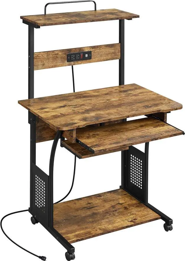 Main image of Topeakmart 3 Tiers Rolling Computer Desk with Power Outlet and USB Ports for Space Saving, Home Office Desk with Keyboard Tray and Printer Shelf on Wheels, Laptop PC Workstation Table, Rustic Brown