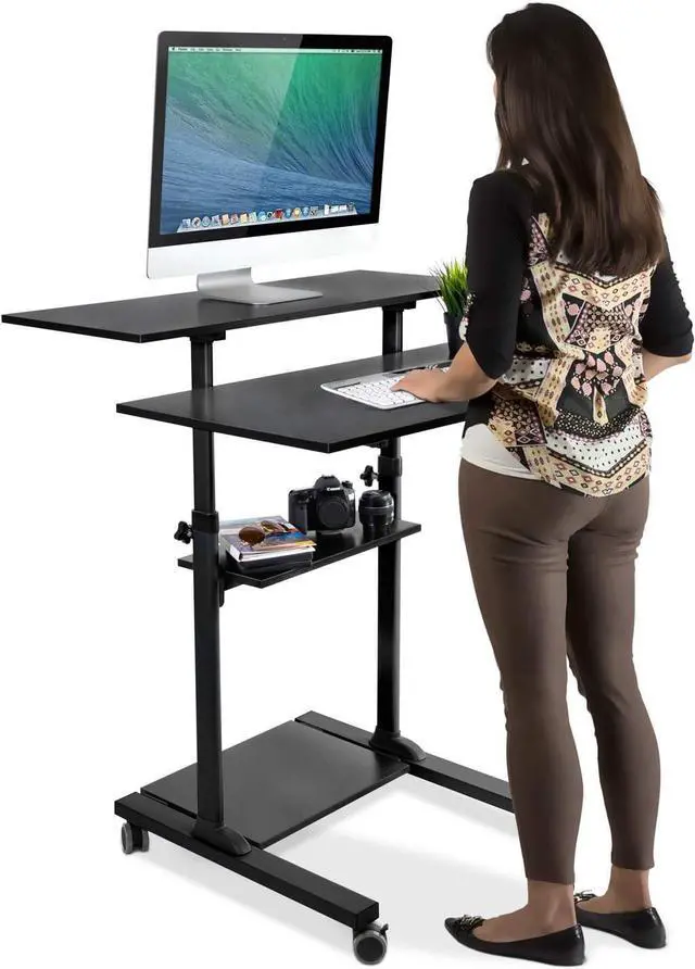 Alt view image 3 of 7 - Mount-It! Wide Mobile Stand Up Desk | Height Adjustable Rolling Workstation with 40" Wide Table Tops | Multi-Purpose Rolling Presentation Cart with Four Platforms | Black (MI-7970B)