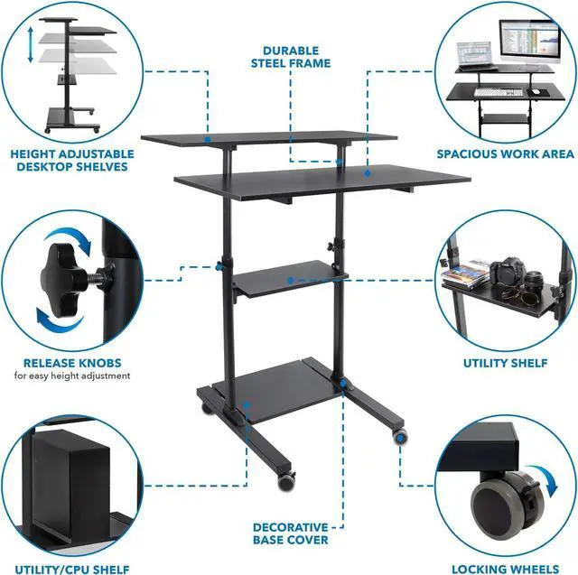 Alt view image 6 of 7 - Mount-It! Wide Mobile Stand Up Desk | Height Adjustable Rolling Workstation with 40" Wide Table Tops | Multi-Purpose Rolling Presentation Cart with Four Platforms | Black (MI-7970B)
