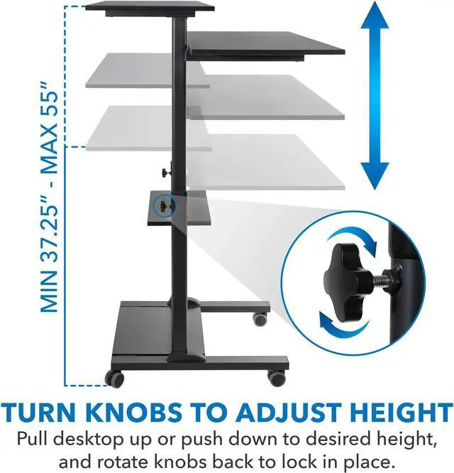 Alt view image 7 of 7 - Mount-It! Wide Mobile Stand Up Desk | Height Adjustable Rolling Workstation with 40" Wide Table Tops | Multi-Purpose Rolling Presentation Cart with Four Platforms | Black (MI-7970B)