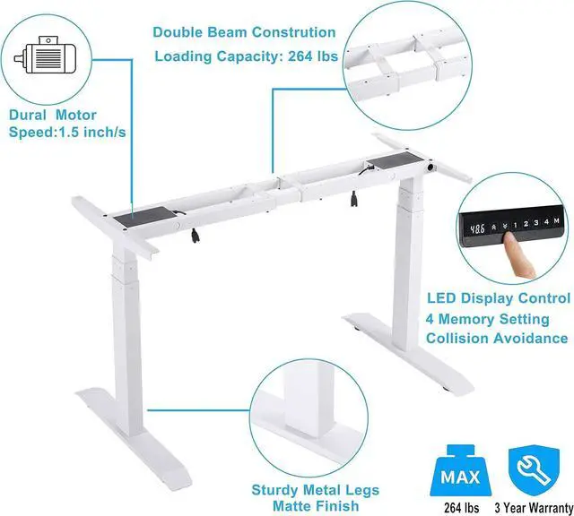Alt view image 4 of 7 - UNICOO - Electric Stand Up Desk Frame with Dual Motor, 3 Stage Up Lifting Legs, Rise UP Electric Adjustable Height and Width Standing Desk Frame with 4 Memory Keypad (Dual Motor Frame - White)