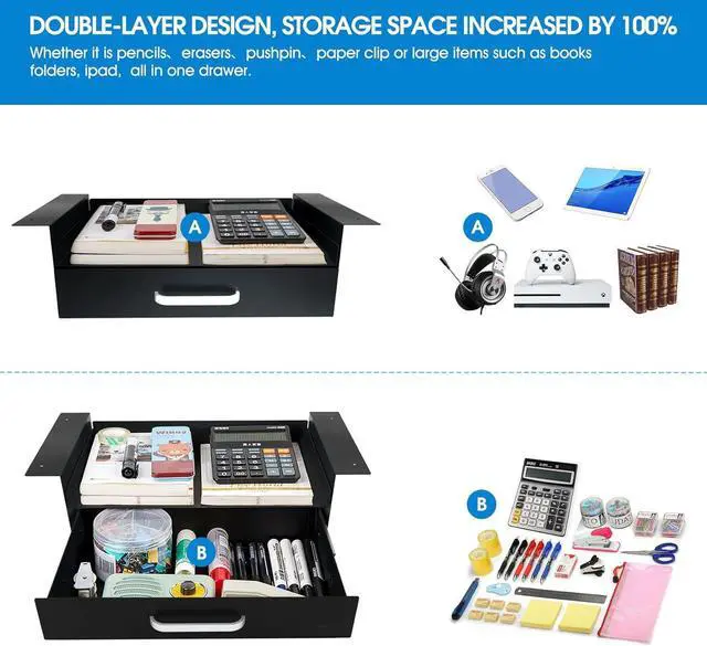 Alt view image 2 of 7 - GOME Under Desk Drawer Storage with Laptop/Book/Folders Shelf, Double Layer Easy Slide-Out Undermount Drawer Organizer with Ball Sliding Track for Home Office Sit-Stand Workstation