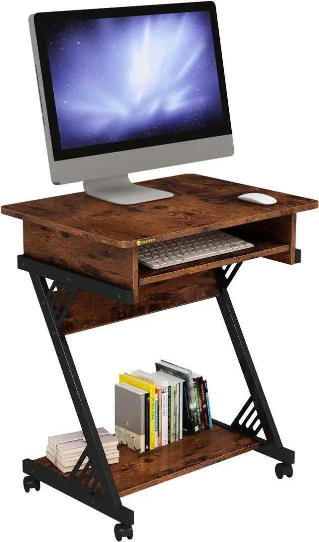 Main image of ALISENED Computer Desk for Small Spaces,23.6" Z-Shaped Compact Study Table with Smooth Keyboard Tray,with Wheels and Bottom Shelves for Home OfficeComputer Cart Mobile Laptop Cart