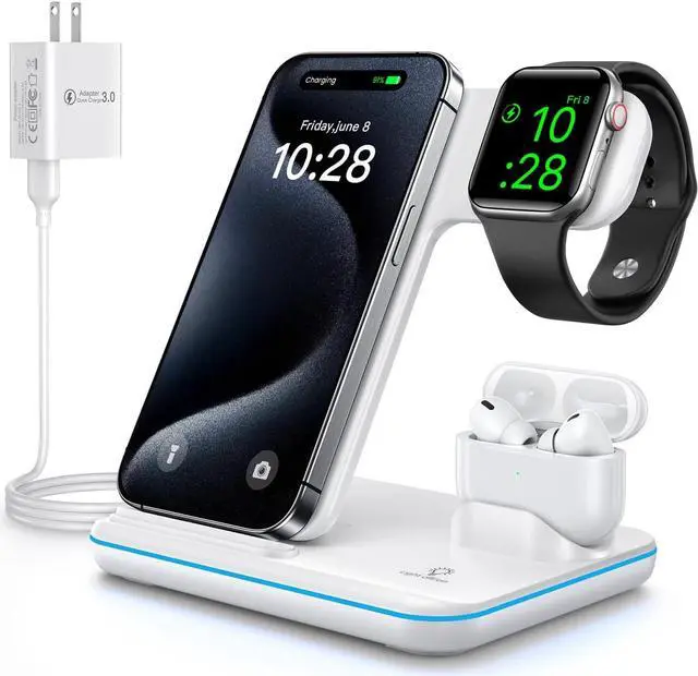 Main image of Wireless Charger 3 in 1, 15W Fast Charging Station for Apple Watch 9/8/Ultra 2/Ultra/SE/7/6/5/4/3/2, for AirPods 3/2/1/Pro/Pro 2, for iPhone 15/14/13 /Plus/Pro/Pro Max/12/11/X/Xr/XS/8 (White)