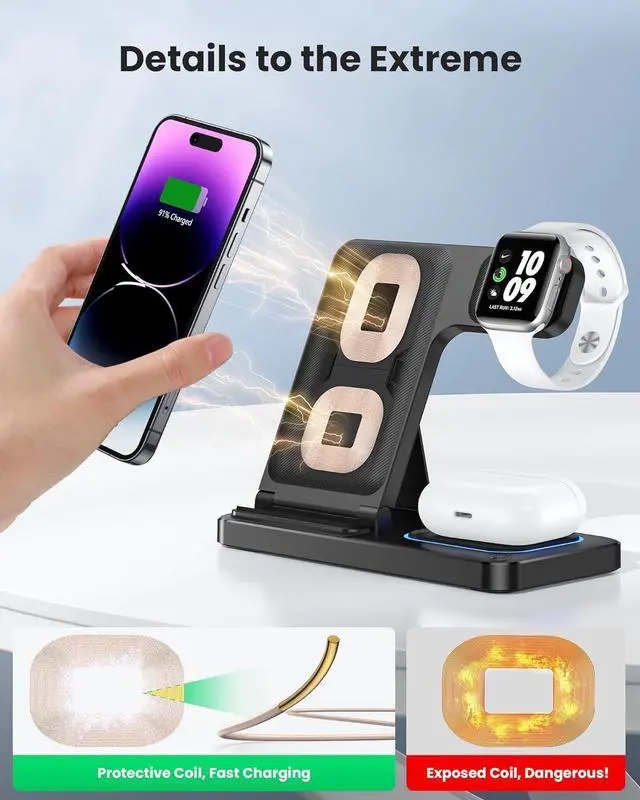 Alt view image 2 of 7 - DUMTERR 3 in 1 Wireless Charger for iPhone 16/15/14/13/12,Wireless Charging Station for Apple Devices, Charging Stand for Apple Watch Series 10, for AirPods 4 (Black)