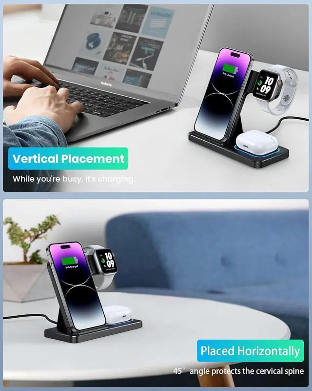 Alt view image 6 of 7 - 3 in 1 Wireless Charger For iPhone 15/14/13/12/11/Pro/Max/XS, Wireless Charging Station for apple devices, Charging Stand for Apple watch Ultra 2/9/8/SE/7/6/5/4/3/2, for AirPods 3/2/Pro(Black)