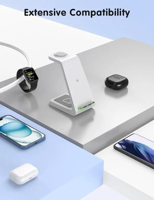 Alt view image 2 of 6 - 3 in 1 Wireless Charging Station for Apple, Wireless Charger Stand for iPhone 15/14/13/12/11/SE/X/8 Pro Max Plus Mini, Charging Dock for Apple Watch Ultra/8/SE/7/6/5/4/3, AirPods Pro 2/3/2