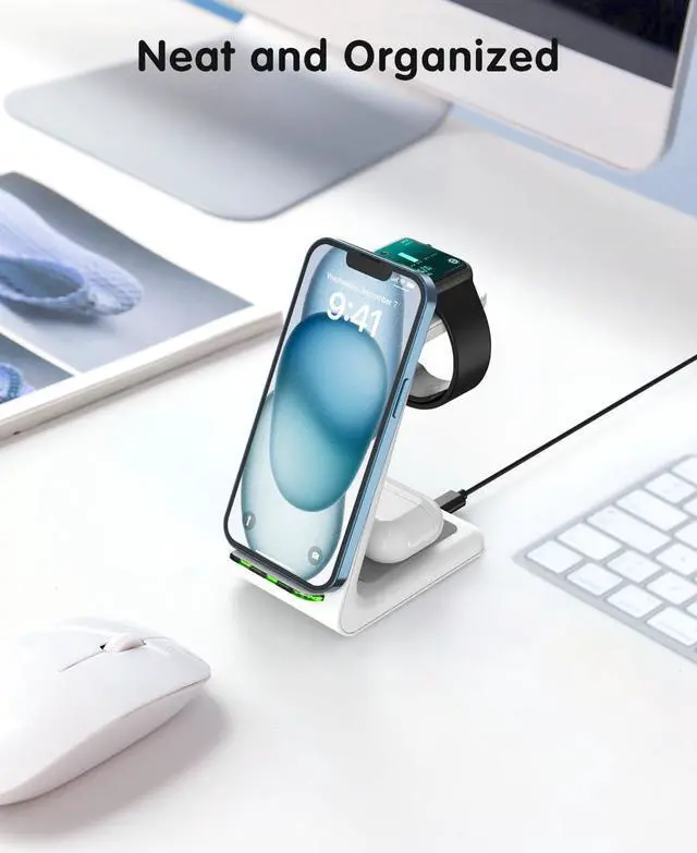 Alt view image 3 of 6 - 3 in 1 Wireless Charging Station for Apple, Wireless Charger Stand for iPhone 15/14/13/12/11/SE/X/8 Pro Max Plus Mini, Charging Dock for Apple Watch Ultra/8/SE/7/6/5/4/3, AirPods Pro 2/3/2