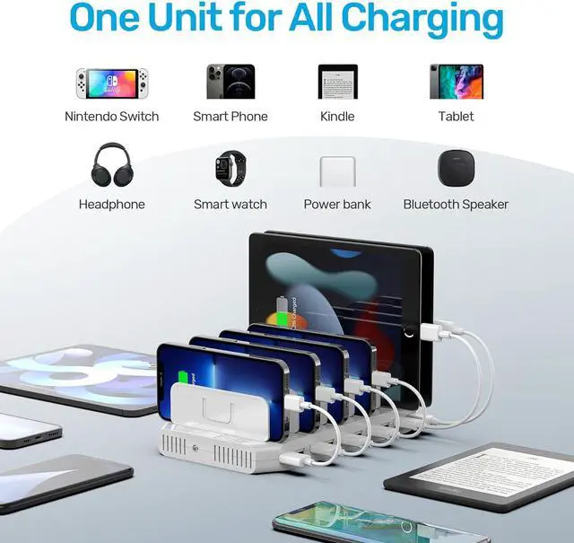 Alt view image 3 of 7 - Unitek Multi Charging Station, 10-Port USB Charger for Multiple Device with SmartIC Tech and Adjustable Dividers, Organizer Stand Compatible with iPad, Tablet, Kindle, iPhone