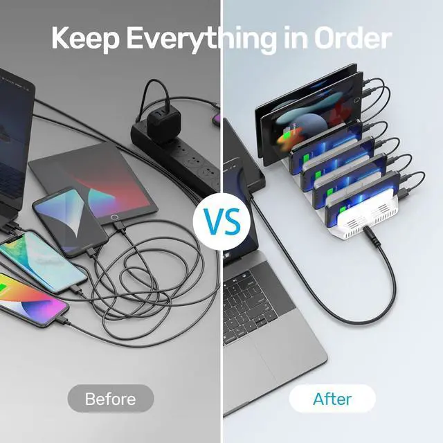 Alt view image 4 of 7 - Unitek Multi Charging Station, 10-Port USB Charger for Multiple Device with SmartIC Tech and Adjustable Dividers, Organizer Stand Compatible with iPad, Tablet, Kindle, iPhone
