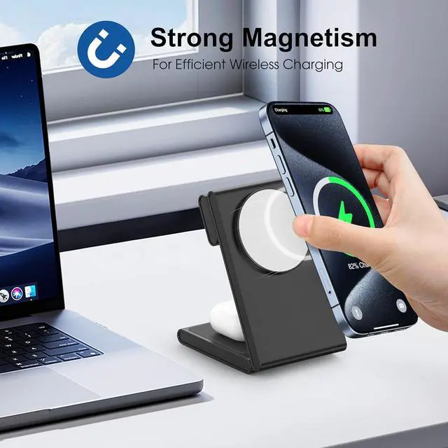 Alt view image 2 of 7 - 3 in 1 Wireless Charging Station for Multiple Devices, Fast Foldable Travel Mag-Safe Stand for iPhone 15 14 13 12 Pro Max/Plus/Pro/Mini, Magnetic Charger for Apple Watch/AirPods Pro with 20W Adapter