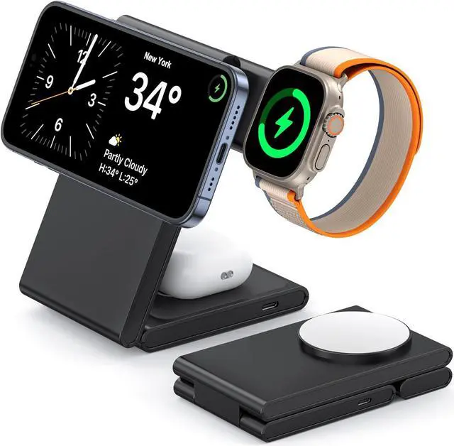 Main image of 3 in 1 Wireless Charging Station for Multiple Devices, Fast Foldable Travel Mag-Safe Stand for iPhone 15 14 13 12 Pro Max/Plus/Pro/Mini, Magnetic Charger for Apple Watch/AirPods Pro with 20W Adapter