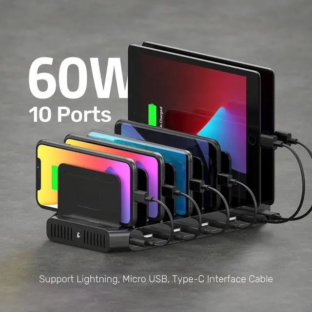 Alt view image 2 of 7 - Unitek USB Charging Station, 10 USB Fast Ports Charge Docking Station and Adjustable Dividers, Multi Device Charger Organizer Compatible with iPad, iPhone, Tablet and Cell Phone